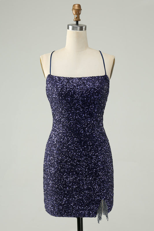 Sparkly Navy Bodycon Spaghetti Straps Backless Short Homecoming Dress with Sequins