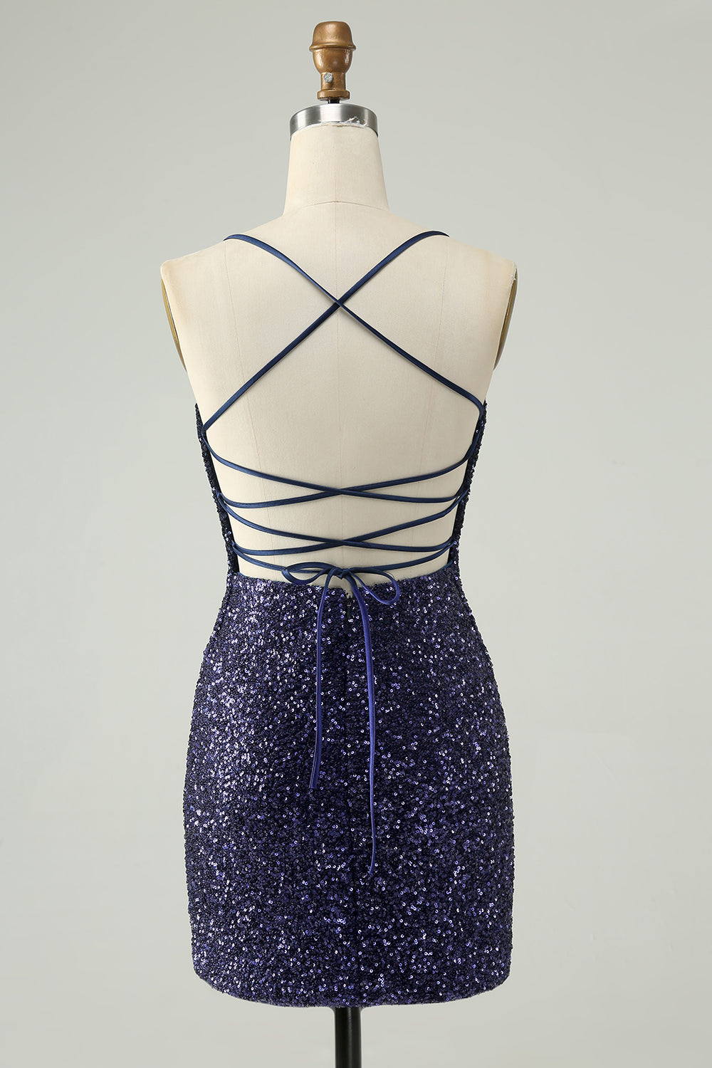 Sparkly Navy Bodycon Spaghetti Straps Backless Short Homecoming Dress with Sequins