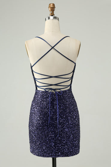 Sparkly Navy Bodycon Spaghetti Straps Backless Short Homecoming Dress with Sequins