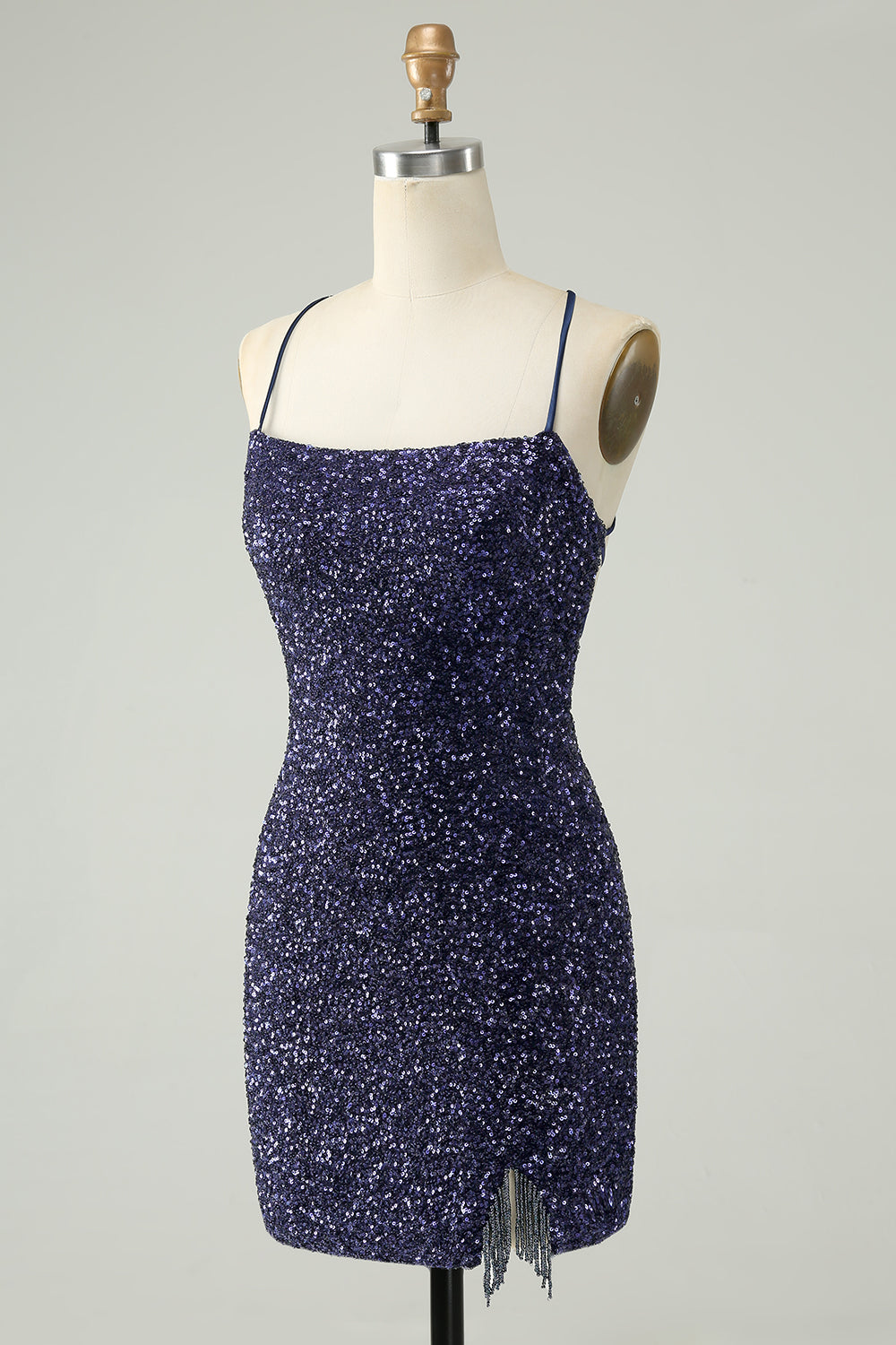 Sparkly Navy Bodycon Spaghetti Straps Backless Short Homecoming Dress with Sequins