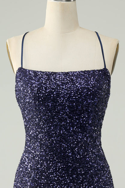 Sparkly Navy Bodycon Spaghetti Straps Backless Short Homecoming Dress with Sequins