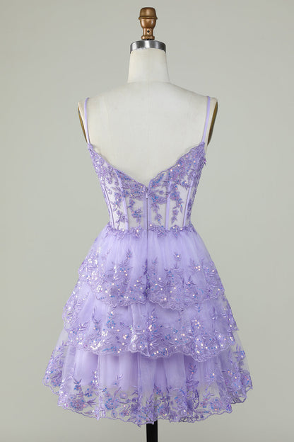 Sparkly Purple A Line Spaghetti Straps Tiered Corset Short Homecoming Dress