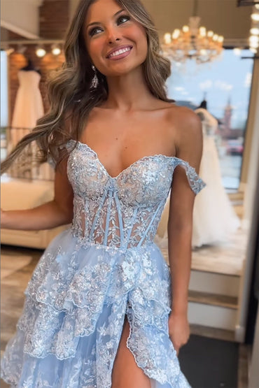 Roycebridal Princess A Line Off the Shoulder Corset Prom Dress with Lace Ruffles