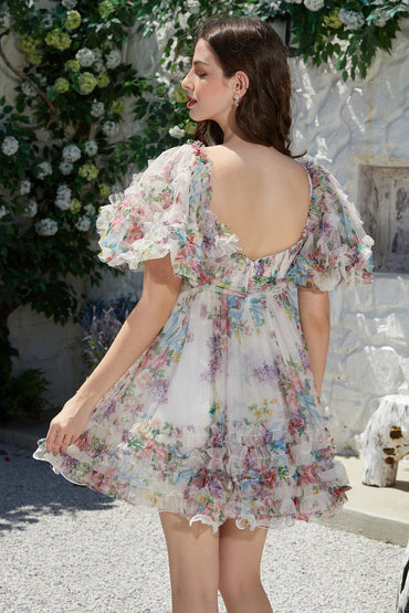 Trendy A-Line Ivory Floral Printed Short Tulle Homecoming Dress with Bow