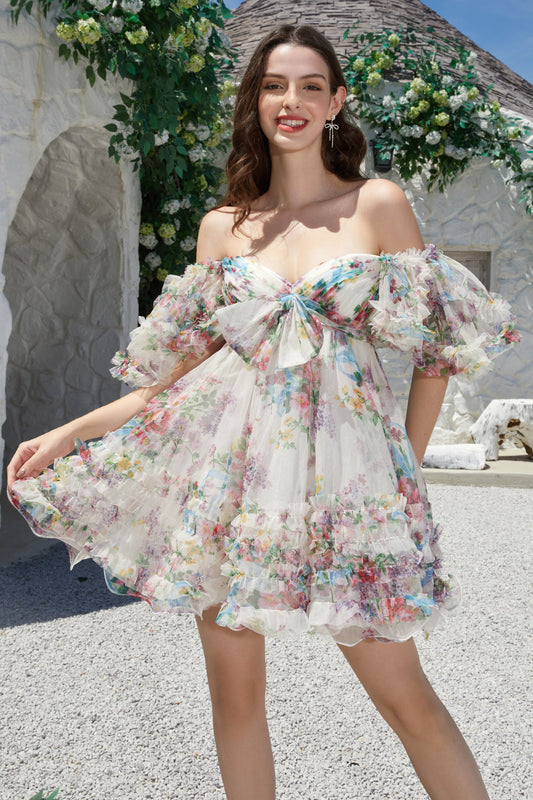 Trendy A-Line Ivory Floral Printed Short Tulle Homecoming Dress with Bow