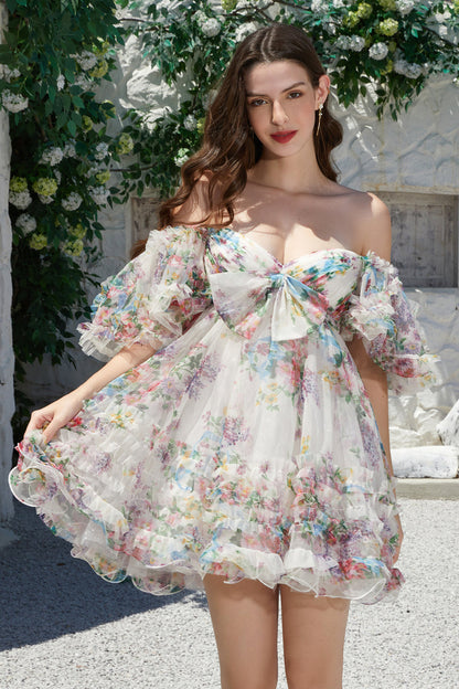 Trendy A-Line Ivory Floral Printed Short Tulle Homecoming Dress with Bow