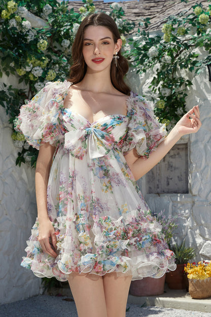 Trendy A-Line Ivory Floral Printed Short Tulle Homecoming Dress with Bow