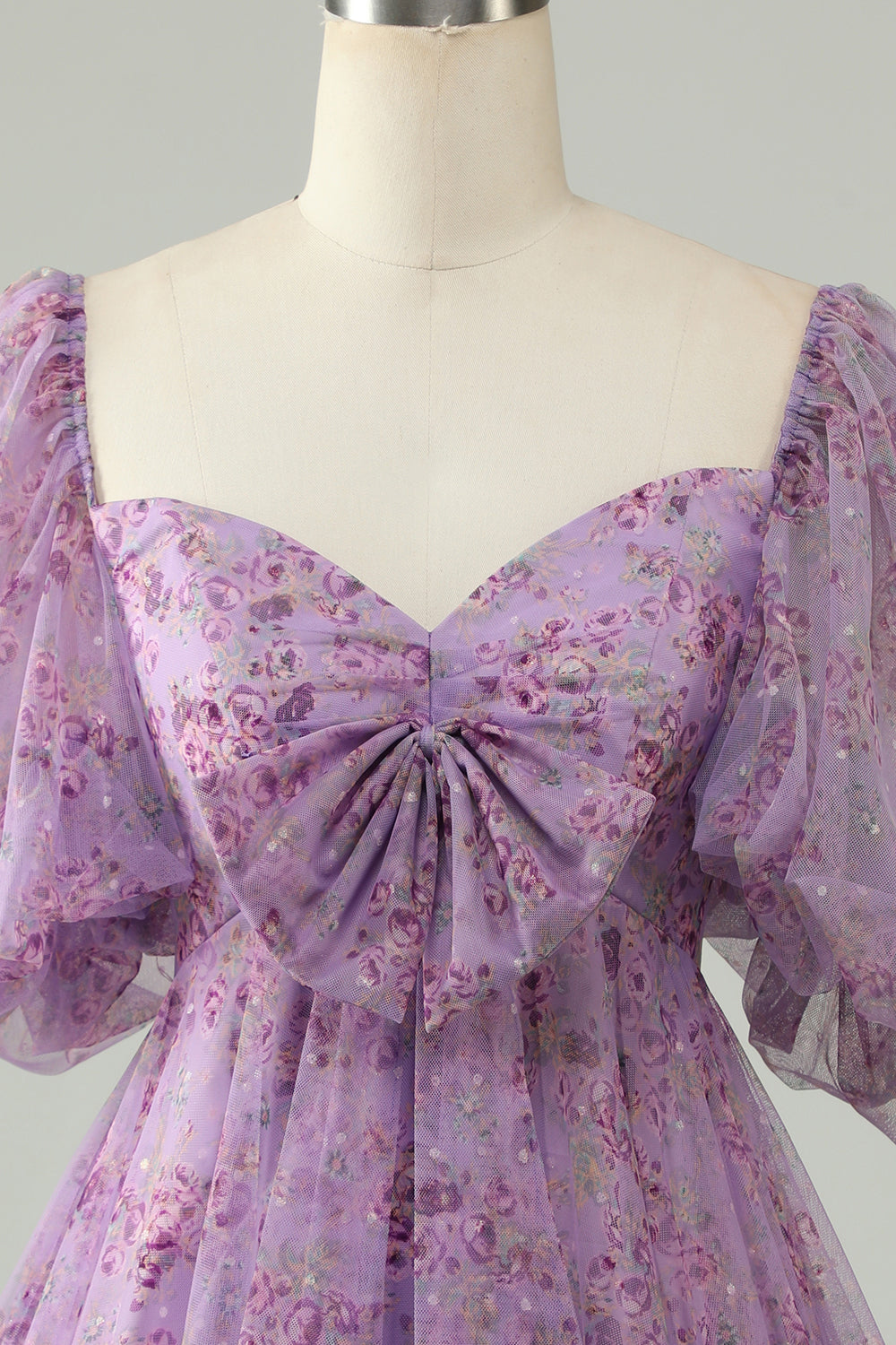 Purple A Line Tulle Bow Print Short Homecoming Dress With Puff Sleeves