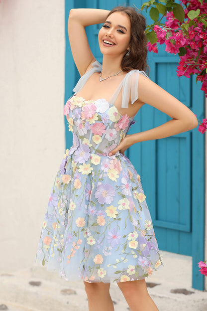 Blue A Line Spaghetti Straps Corset Homecoming Dress with 3D Flowers