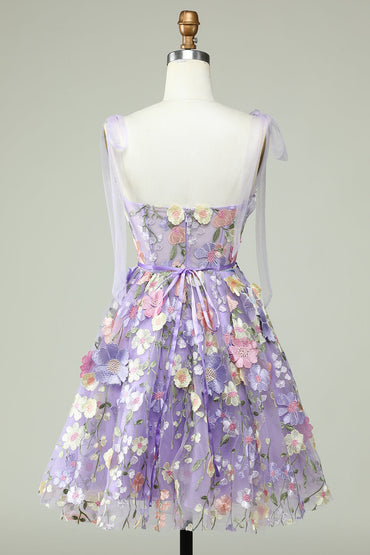 Purple A Line Spaghetti Straps Corset Homecoming Dress with 3D Flowers