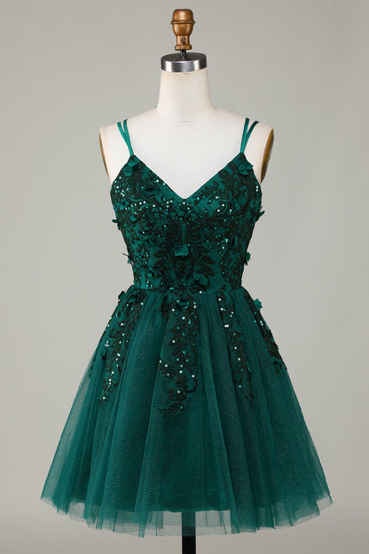 Dark Green Stylish A Line Spaghetti Straps Short Homecoming Dress with Beading