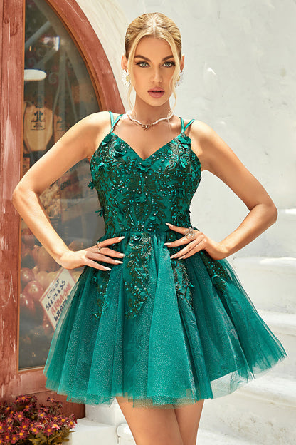 Dark Green A Line Spaghetti Straps Short Homecoming Dress with Appliques Beading