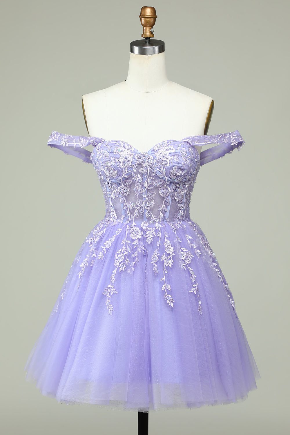 Lilac A Line Off the Shoulder Corset Short Homecoming Dress with Appliques