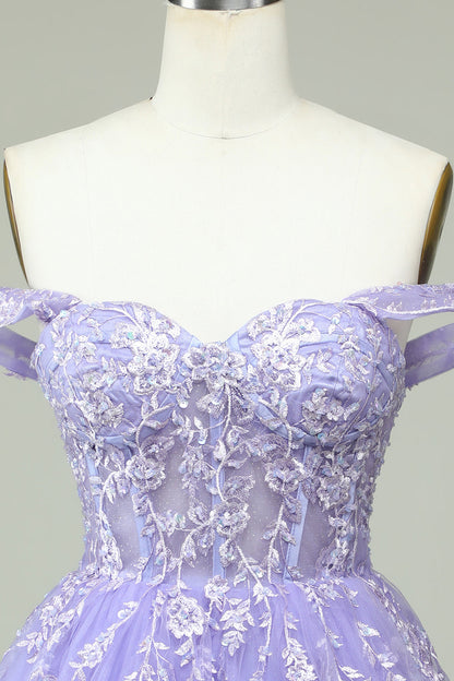 Lilac A Line Off the Shoulder Corset Short Homecoming Dress with Appliques