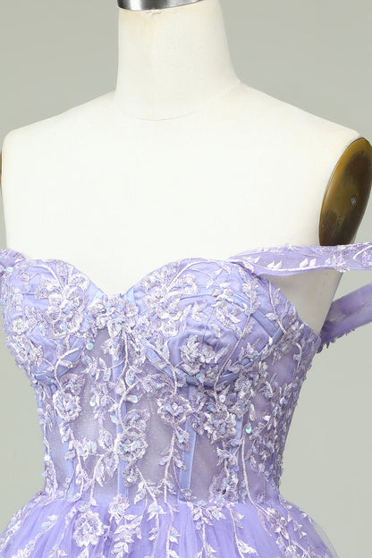 Lilac A Line Off the Shoulder Corset Short Homecoming Dress with Appliques