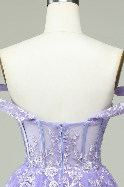 Lilac A Line Off the Shoulder Corset Short Homecoming Dress with Appliques