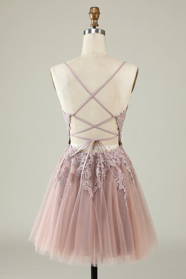 Blush A Line Spaghetti Straps Short Homecoming Dress with Appliques