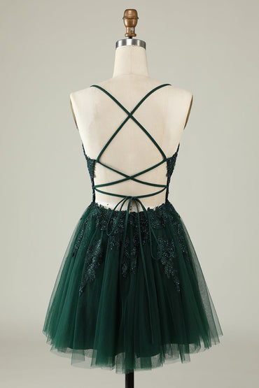 Dark Green A Line Spaghetti Straps Short Homecoming Dress with Appliques