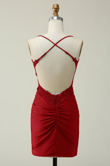 Dark Red Sheath Spaghetti Straps Short Homecoming Dress with Appliques