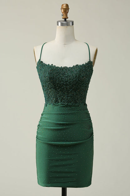 Dark Green Sheath Spaghetti Straps Homecoming Dress with Appliques