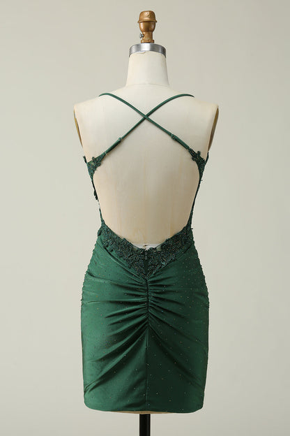 Dark Green Sheath Spaghetti Straps Homecoming Dress with Appliques