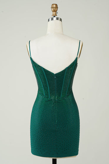 Dark Green Bodycon Spaghetti Straps Short Homecoming Dress with Beading