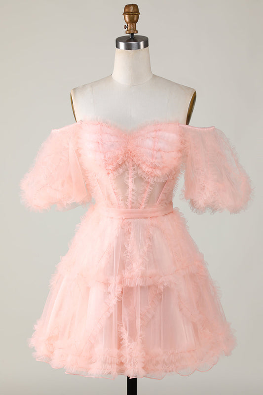 Cute Blush A line Tulle Off The Shoulder Short Homecoming Dress