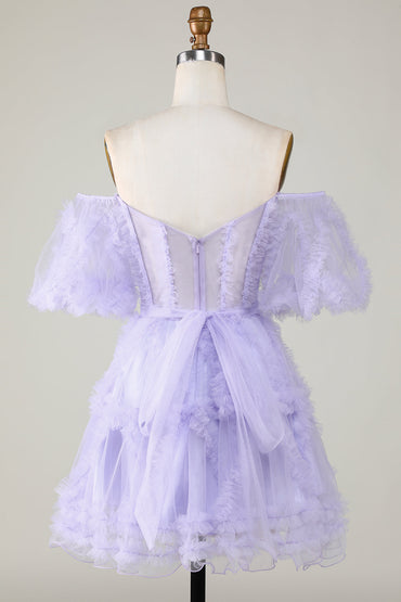 Purple Stylish A Line Off the Shoulder Tulle Corset Homecoming Dress