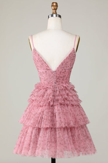 Blush Cute A Line Spaghetti Straps Short Homecoming Dress with Ruffles