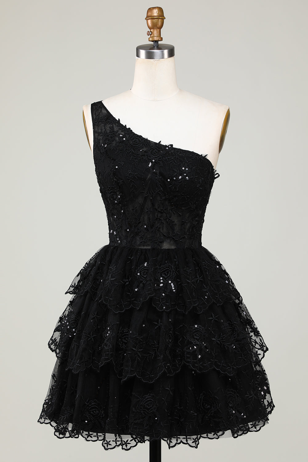 Gorgeous Black One Shoulder Tiered Short Homecoming Dress With Appliques