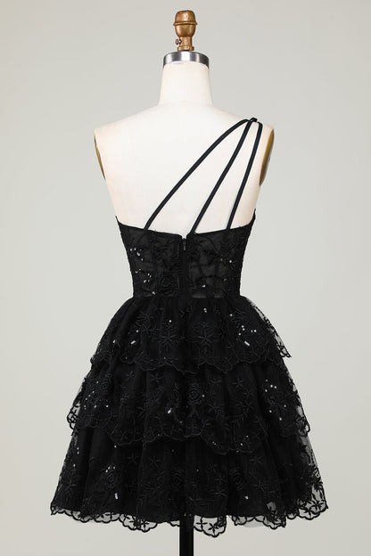 Gorgeous Black One Shoulder Tiered Short Homecoming Dress With Appliques