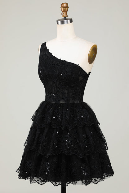 Gorgeous Black One Shoulder Tiered Short Homecoming Dress With Appliques