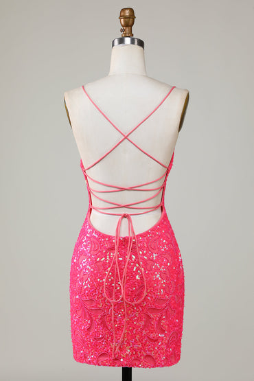 Sparkly Fuchsia Spaghetti Straps Beaded Tight Short Homecoming Dress