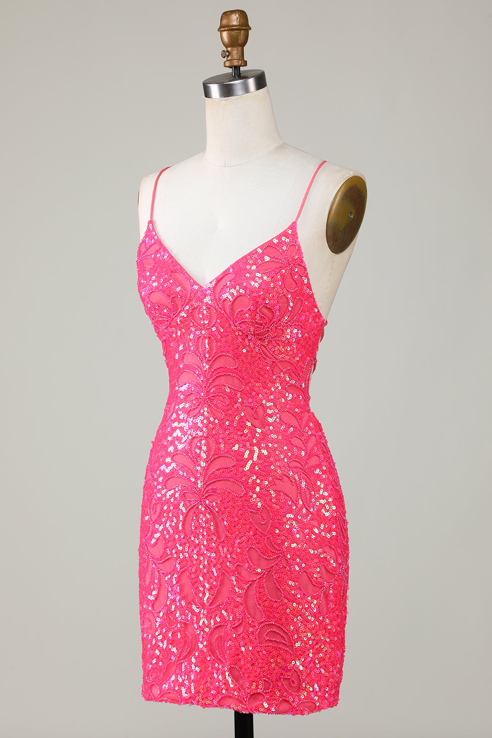 Sparkly Fuchsia Spaghetti Straps Beaded Tight Short Homecoming Dress