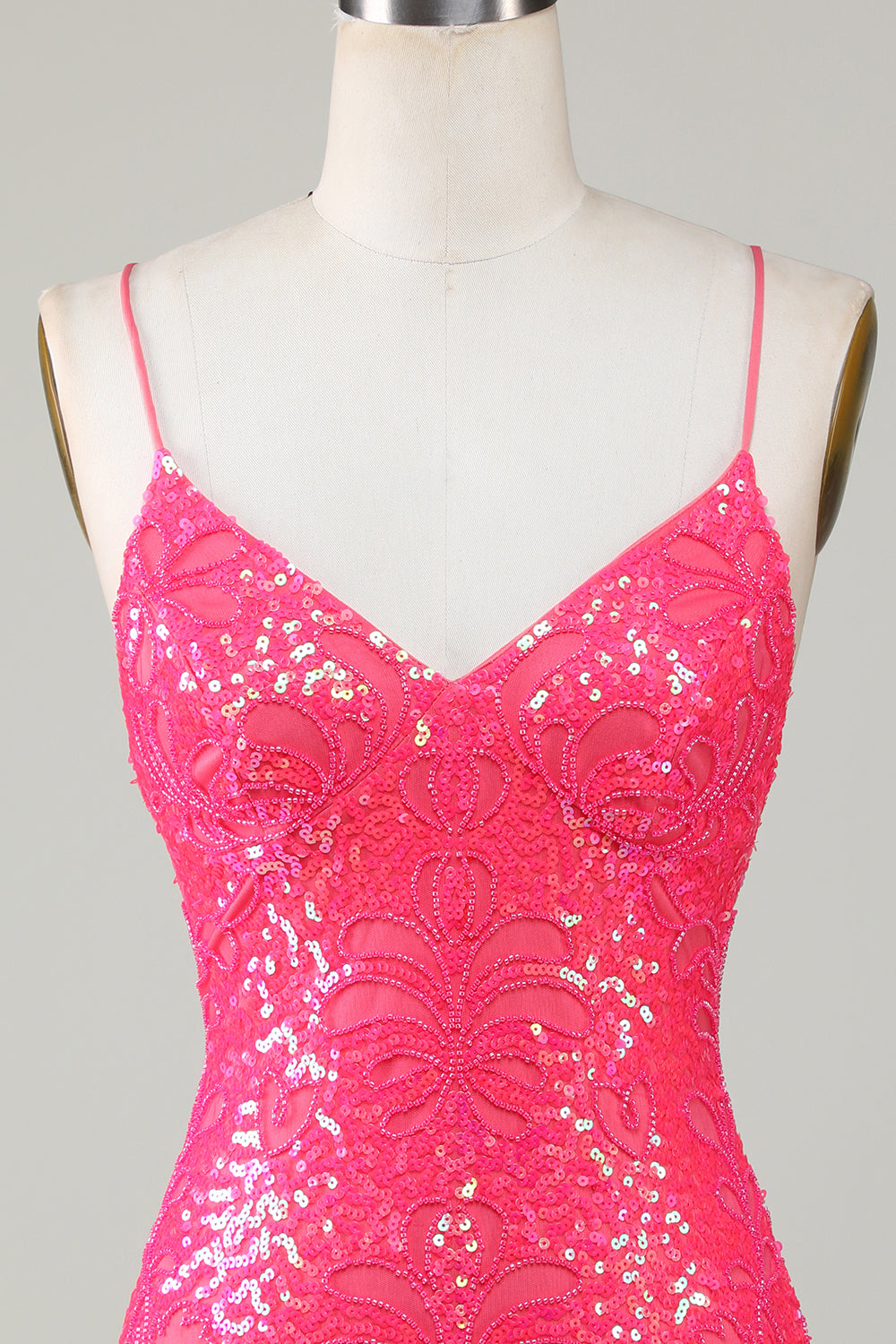 Sparkly Fuchsia Spaghetti Straps Beaded Tight Short Homecoming Dress