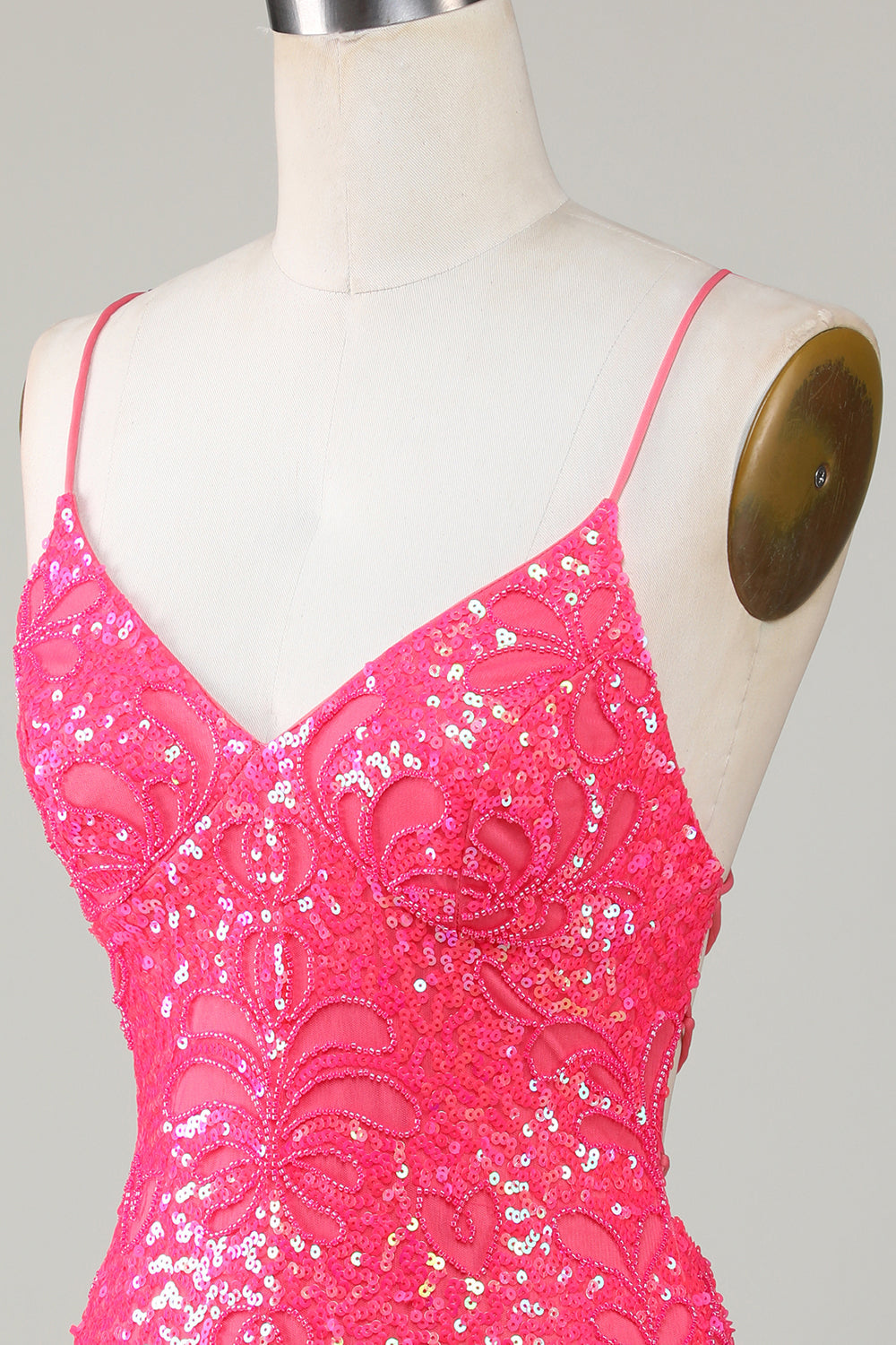 Sparkly Fuchsia Spaghetti Straps Beaded Tight Short Homecoming Dress