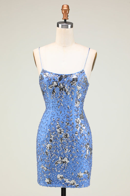 Sparkly Sheath Grey Blue Sequins Short Homecoming Dress with Criss Cross Back