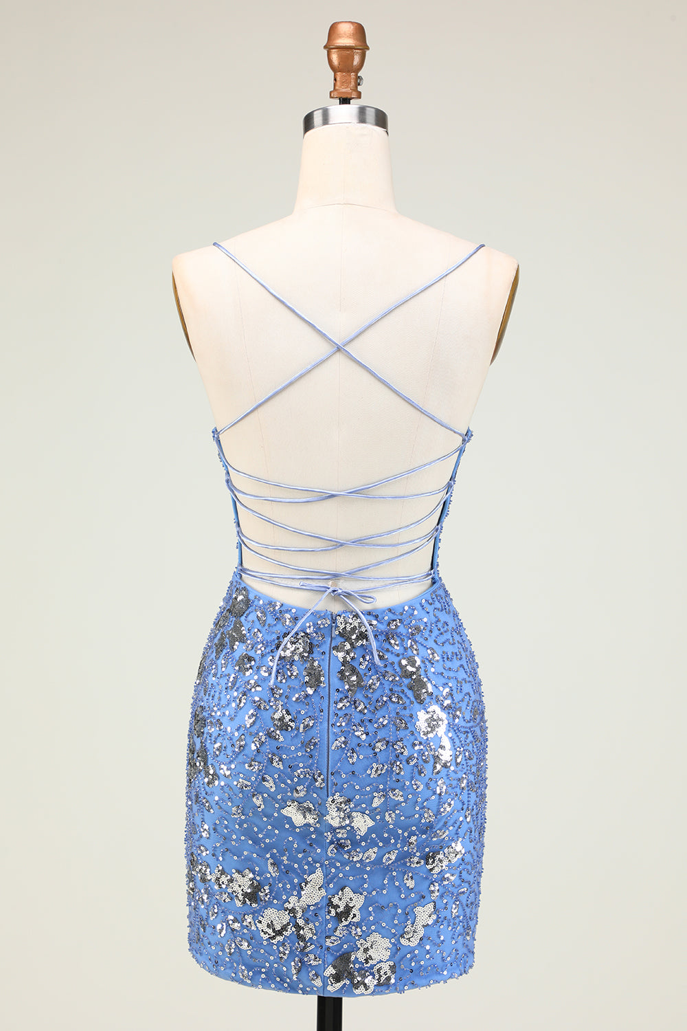 Sparkly Sheath Grey Blue Sequins Short Homecoming Dress with Criss Cross Back