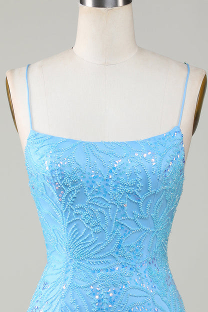 Sparkly Blue Spaghetti Straps Tight Short Homecoming Dress With Beading