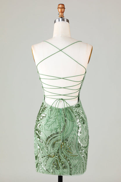 Sparkly Green Sheath Sequin Short Homecoming Dress with Criss Cross Back