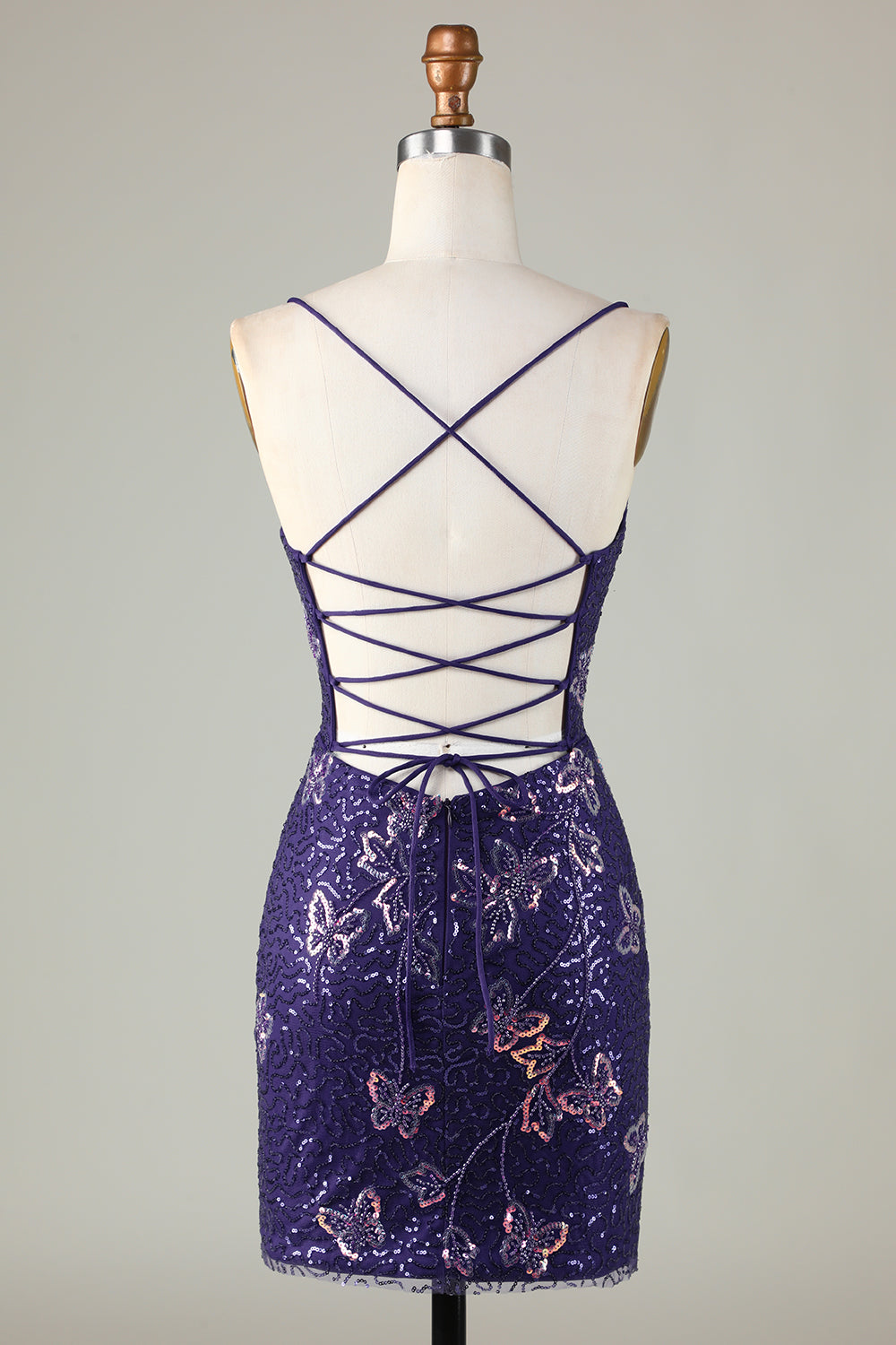 Sparkly Dark Purple Sheath Short Homecoming Dress with Criss Cross Back