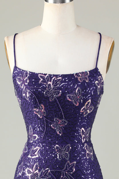 Sparkly Dark Purple Sheath Short Homecoming Dress with Criss Cross Back