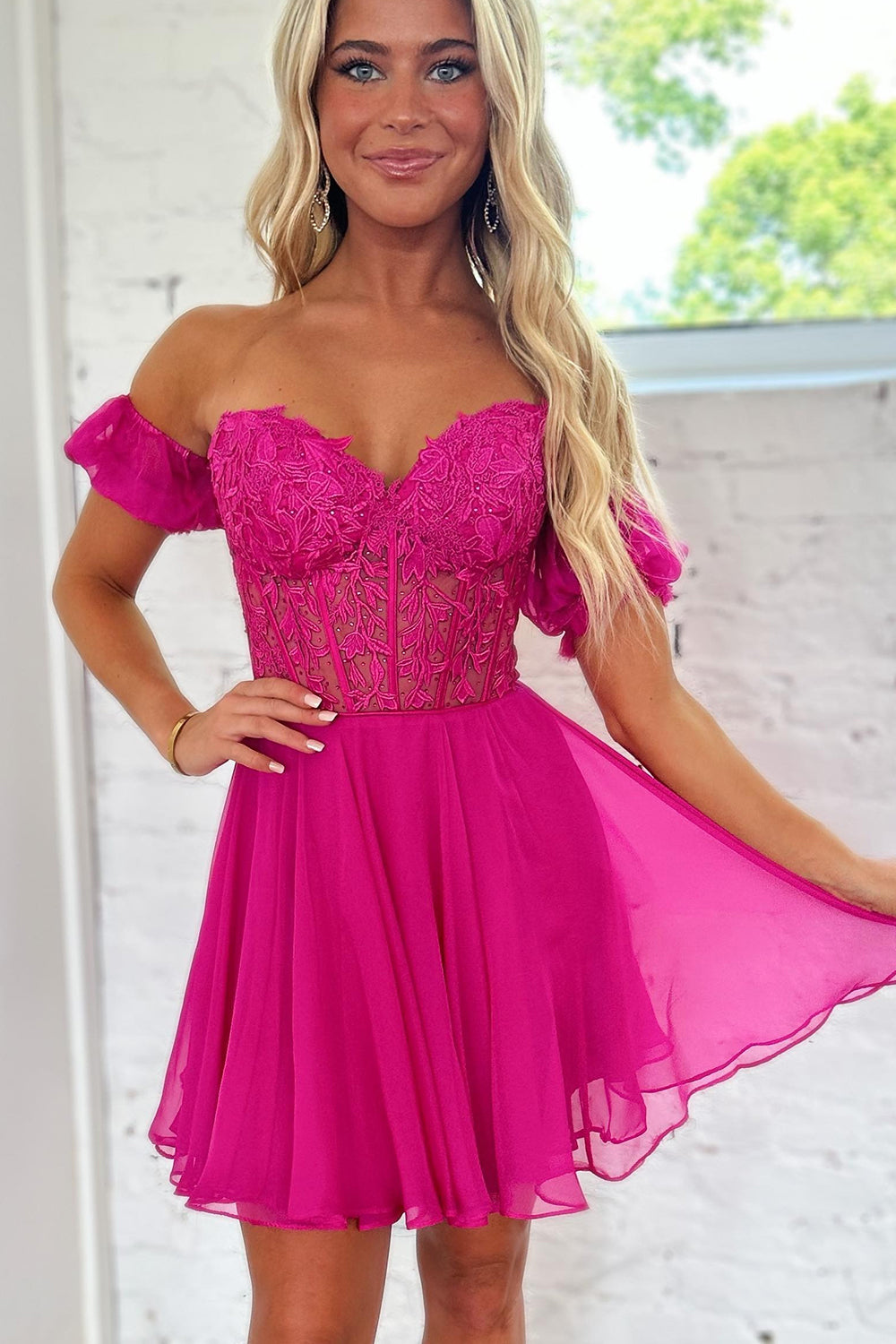 Lavinia |A Line Lace Off the Shoulder Homecoming Dress with Appliques