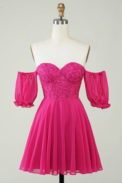 Fuchsia  A-Line CorsetChiffon Short Homecoming Dress with Lace