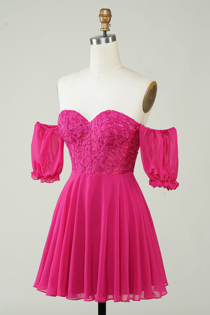 Fuchsia  A-Line CorsetChiffon Short Homecoming Dress with Lace