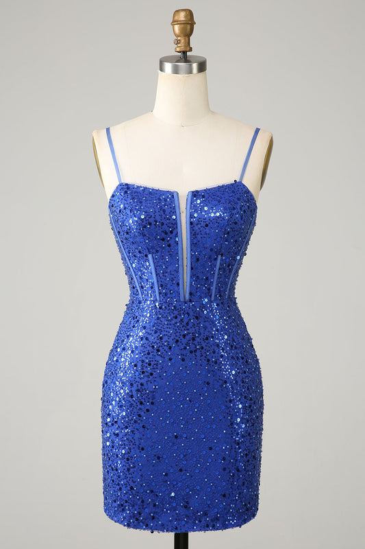 Sparkly Royal Blue Bodycon Spaghetti Straps Homecoming Dress