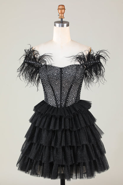 Sparkly Black A-Line Beaded Corset Short Homecoming Dress with Feathers