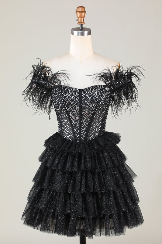 Sparkly Black A-Line Beaded Corset Short Homecoming Dress with Feathers