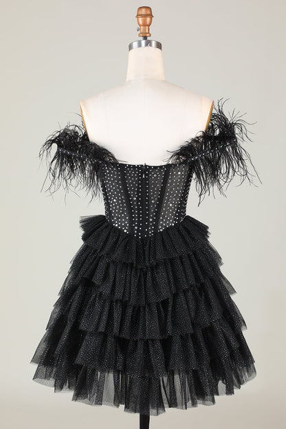 Sparkly Black A-Line Beaded Corset Short Homecoming Dress with Feathers