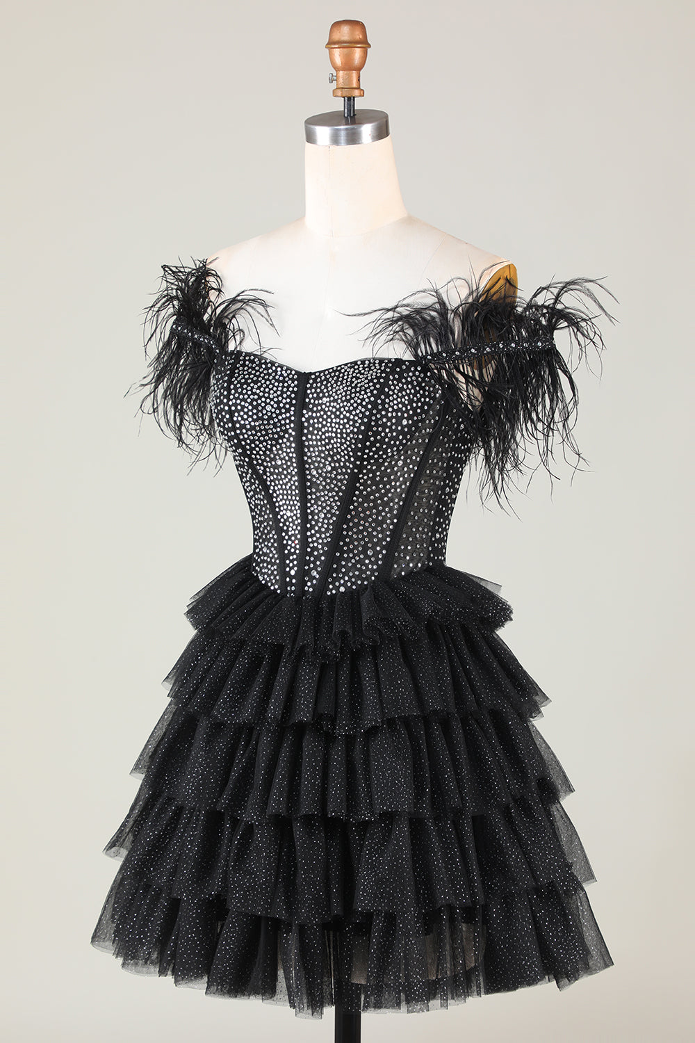 Sparkly Black A-Line Beaded Corset Short Homecoming Dress with Feathers